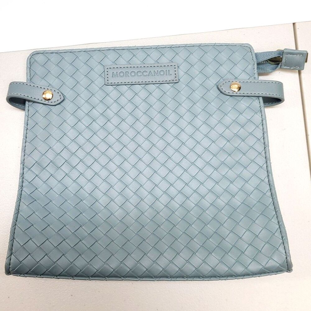 Moroccanoil Blue Woven Faux Leather Cosmetic Bag Pouch Gold Hardware